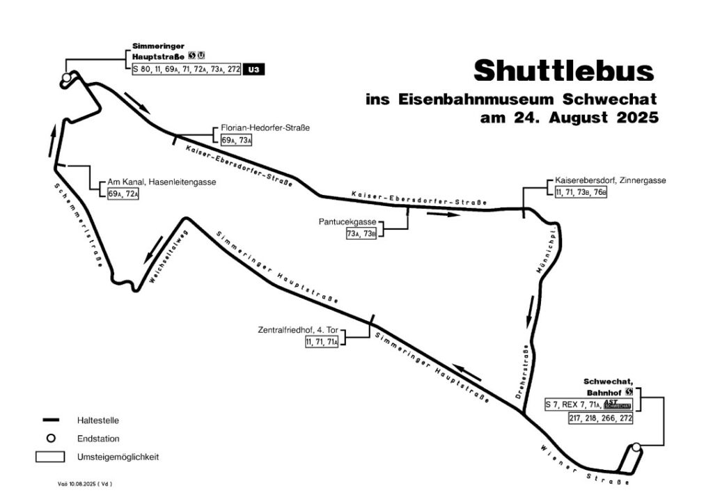Fahrtroute des Shuttle-Bus zum Kinderfest im Eisenbahnmuseum Schwechat 2025
