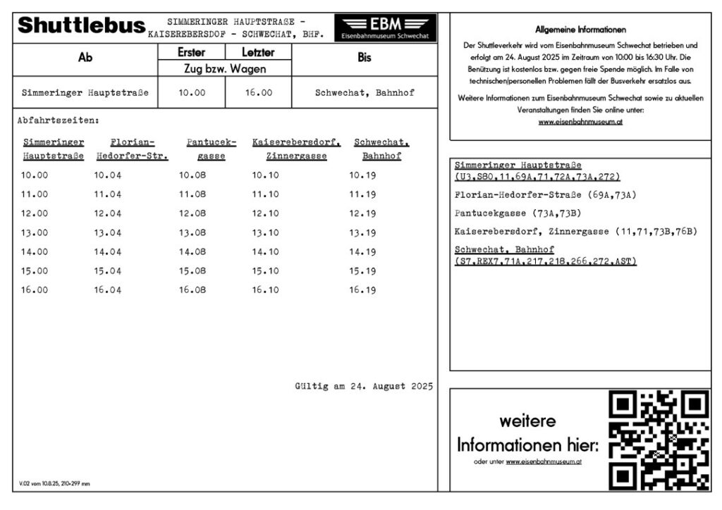 Fahrplan Shuttle-Bus zum Kinderfest im Eisenbahnmuseum Schwechat 2025